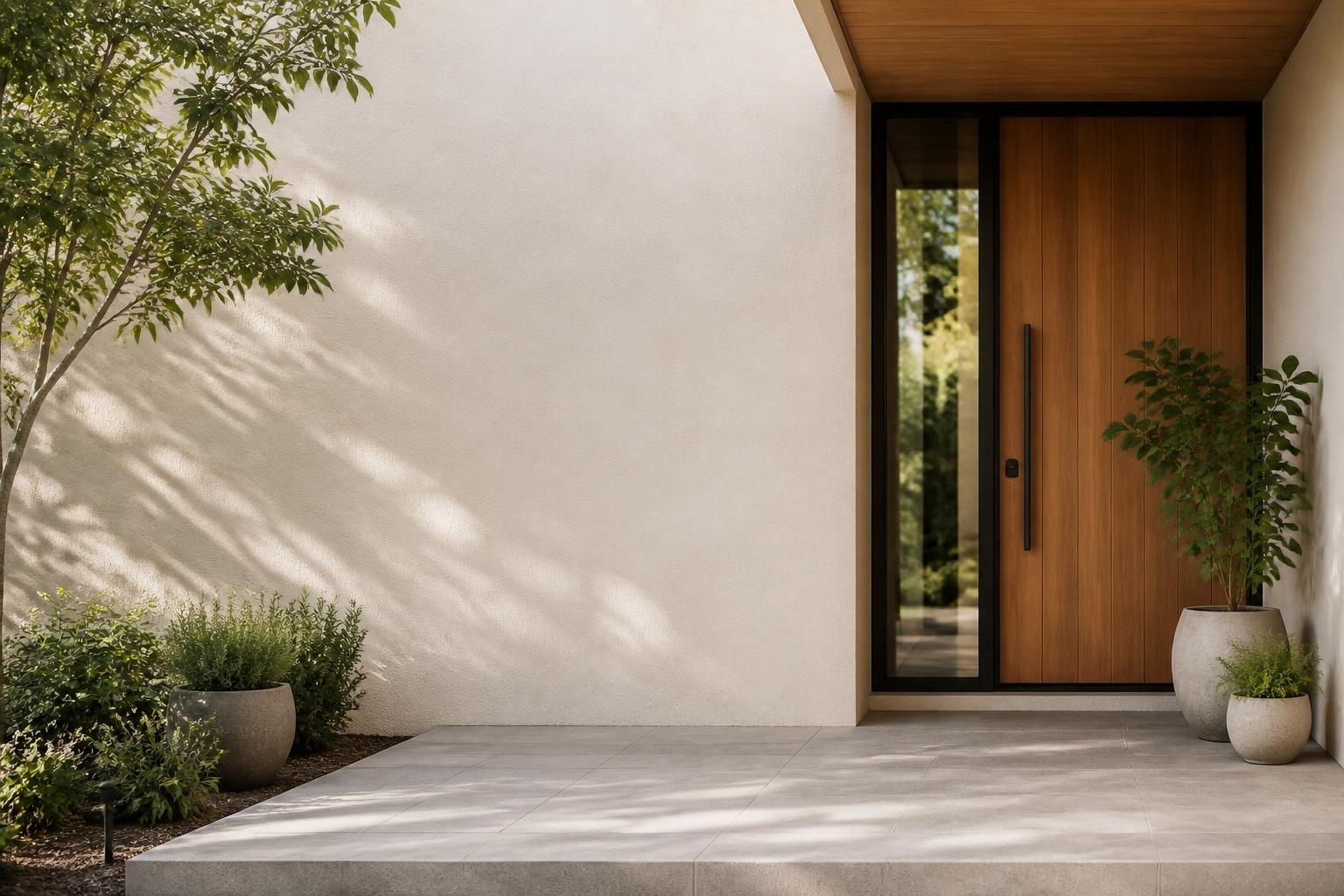 Calm home entry with open space for call-to-action text.