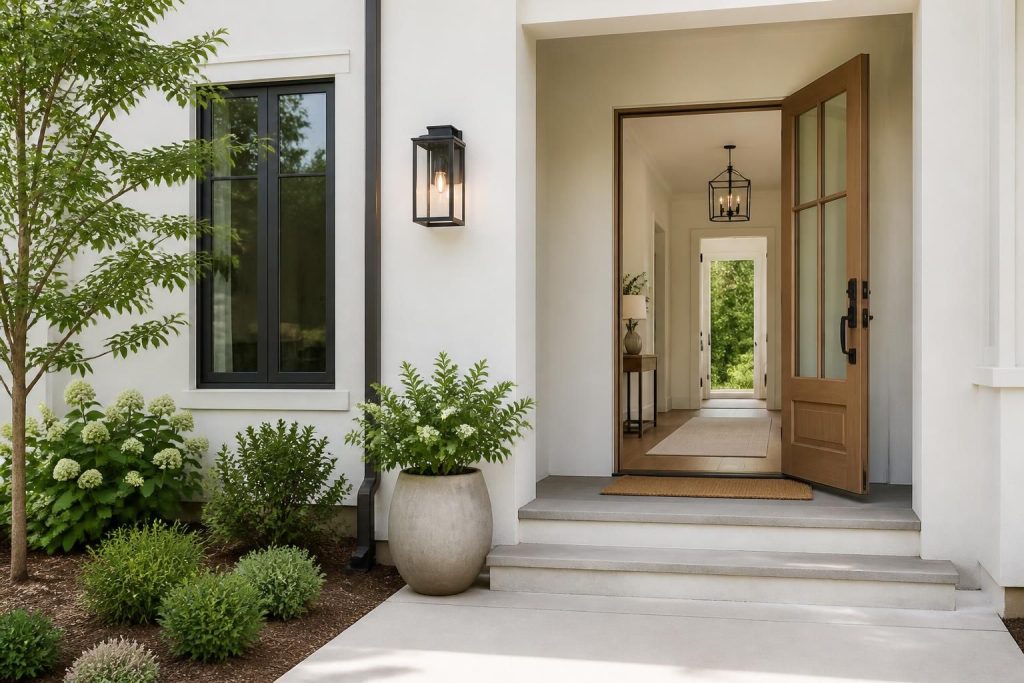Clean modern home exterior with a bright, pest-free entryway.